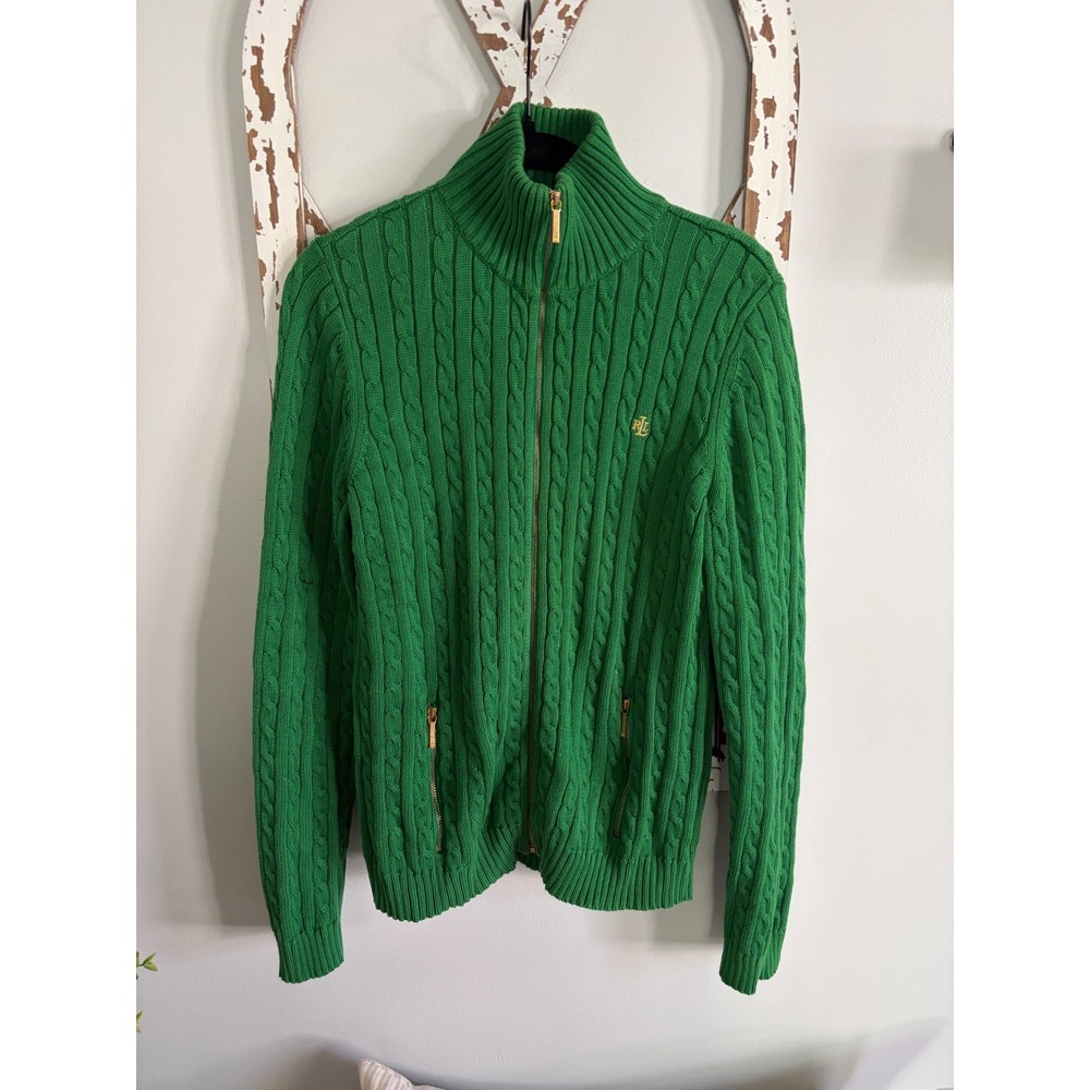 Lauren Ralph Lauren Green Cable Knit
 Sweater Full Zip Size Large